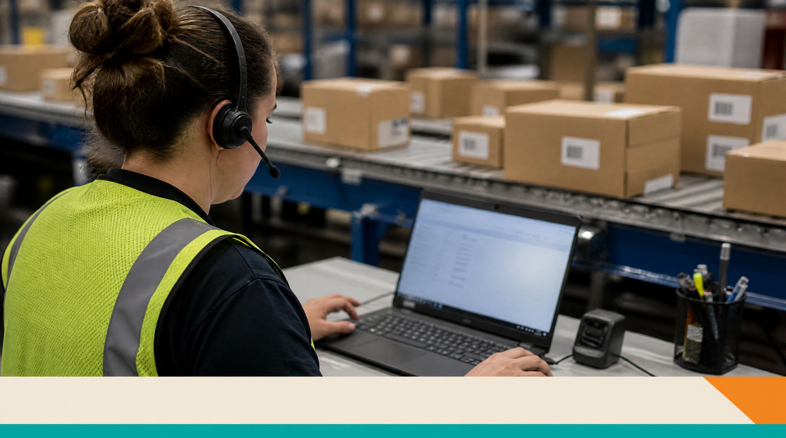 AI Exception-Management Agents for 3PL and E-Commerce Fulfillment Operations — Supporting visual 1: A fulfillment centre worker wearing a headset at a smal