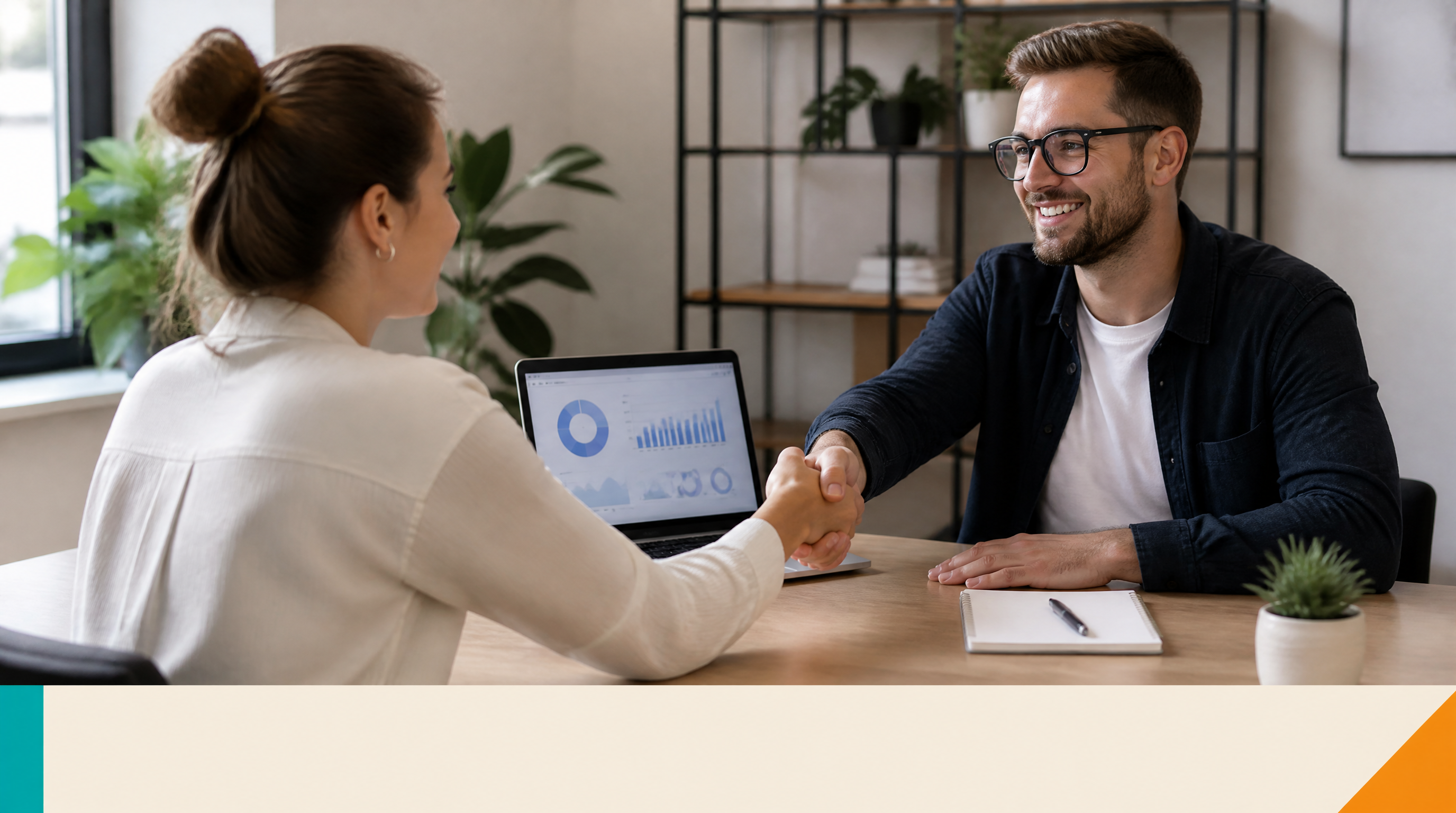 Website Rental — Closing visual: A solopreneur shaking hands with a digital agency consultant across a clean desk, laptop visible showing a website analyti
