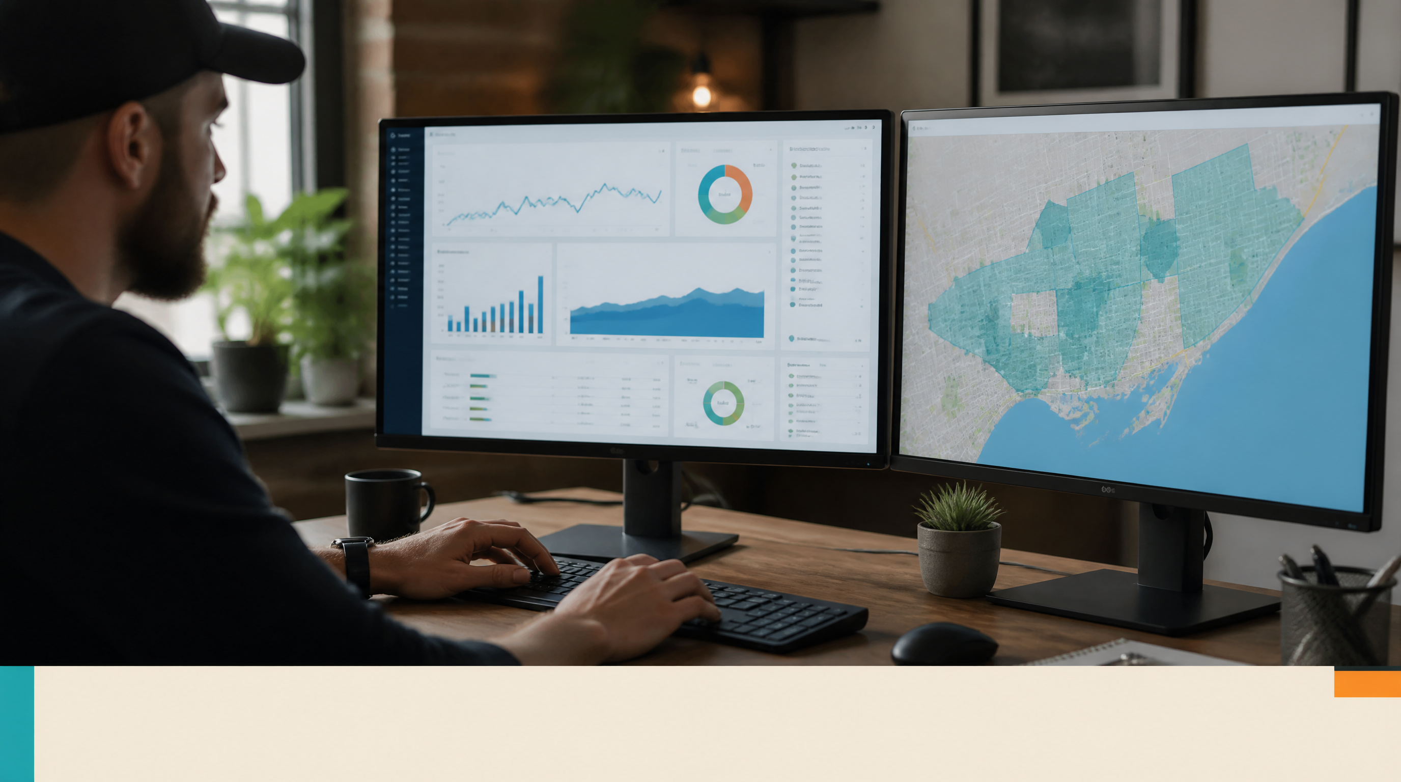 Website Rental — Supporting visual 1: A web designer's dual-monitor workstation showing a website dashboard with analytics and a local Toronto neighbourhoo
