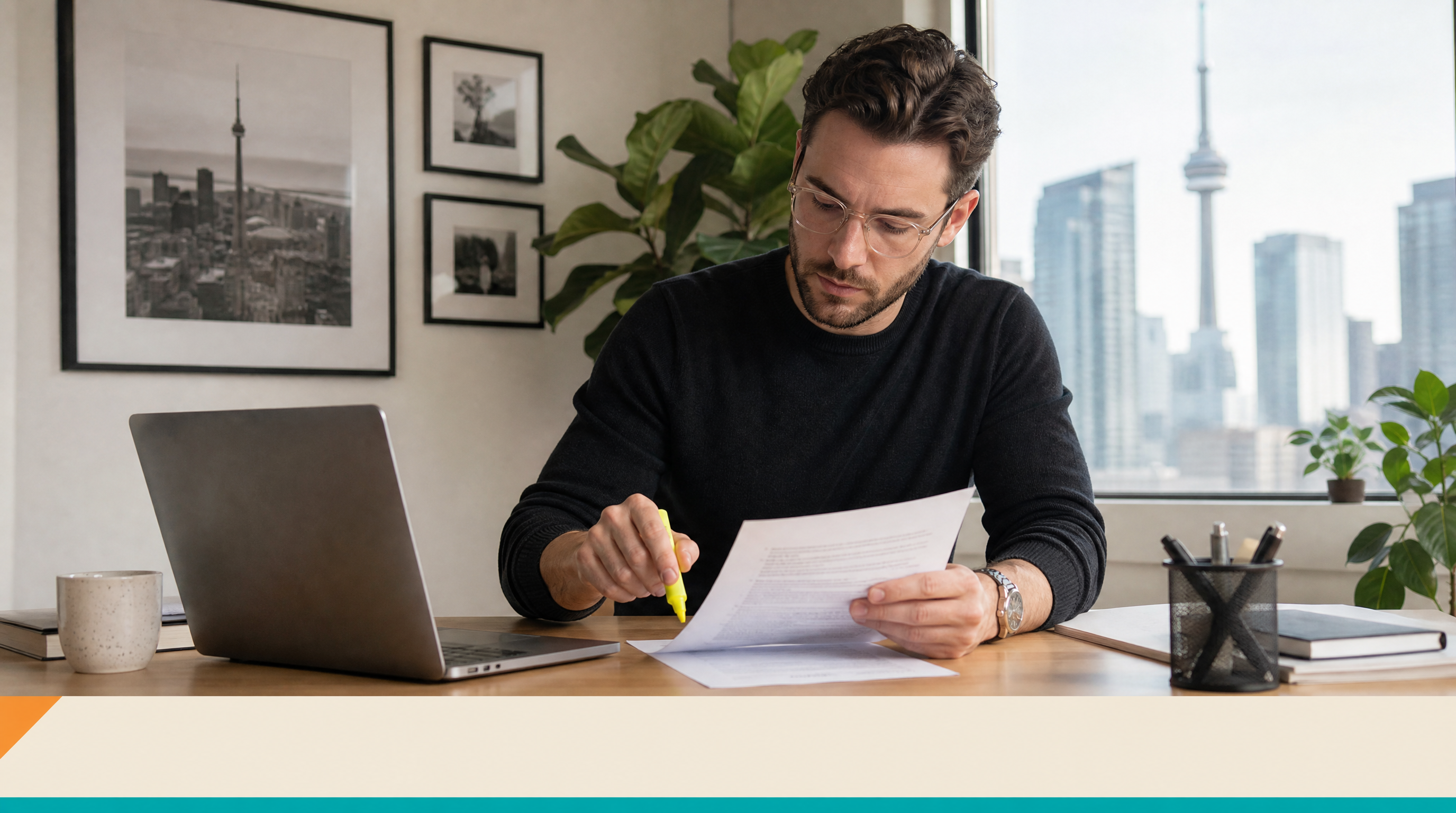 Website Rental — Supporting visual 2: A solopreneur in a minimalist Toronto home office reviewing a printed contract and pointing to a clause, highlighter