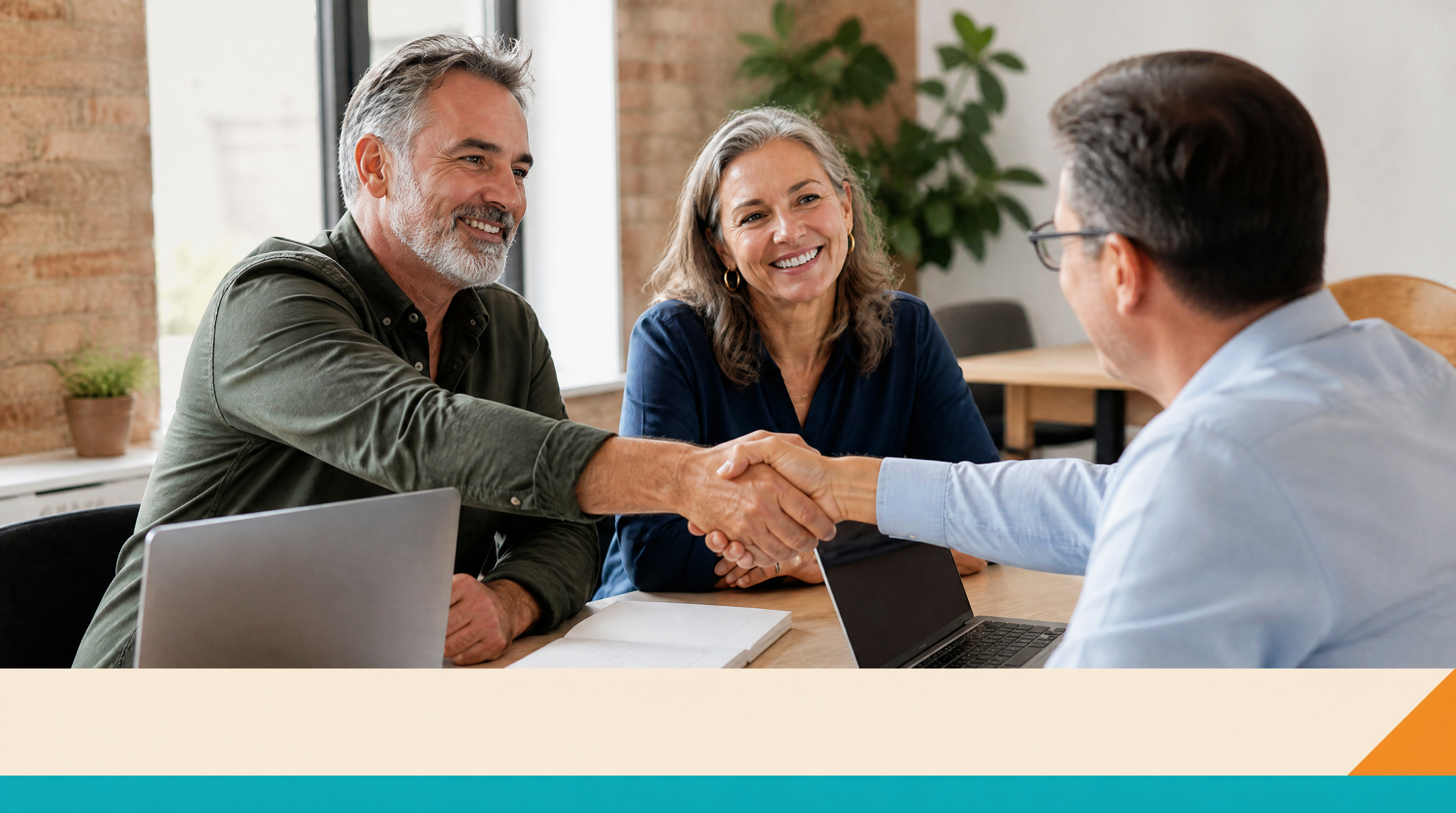 AI Agents Explained: Real Examples for Small Businesses (2026) — Closing visual: A small business owner couple in their 50s shake hands with a consultant a