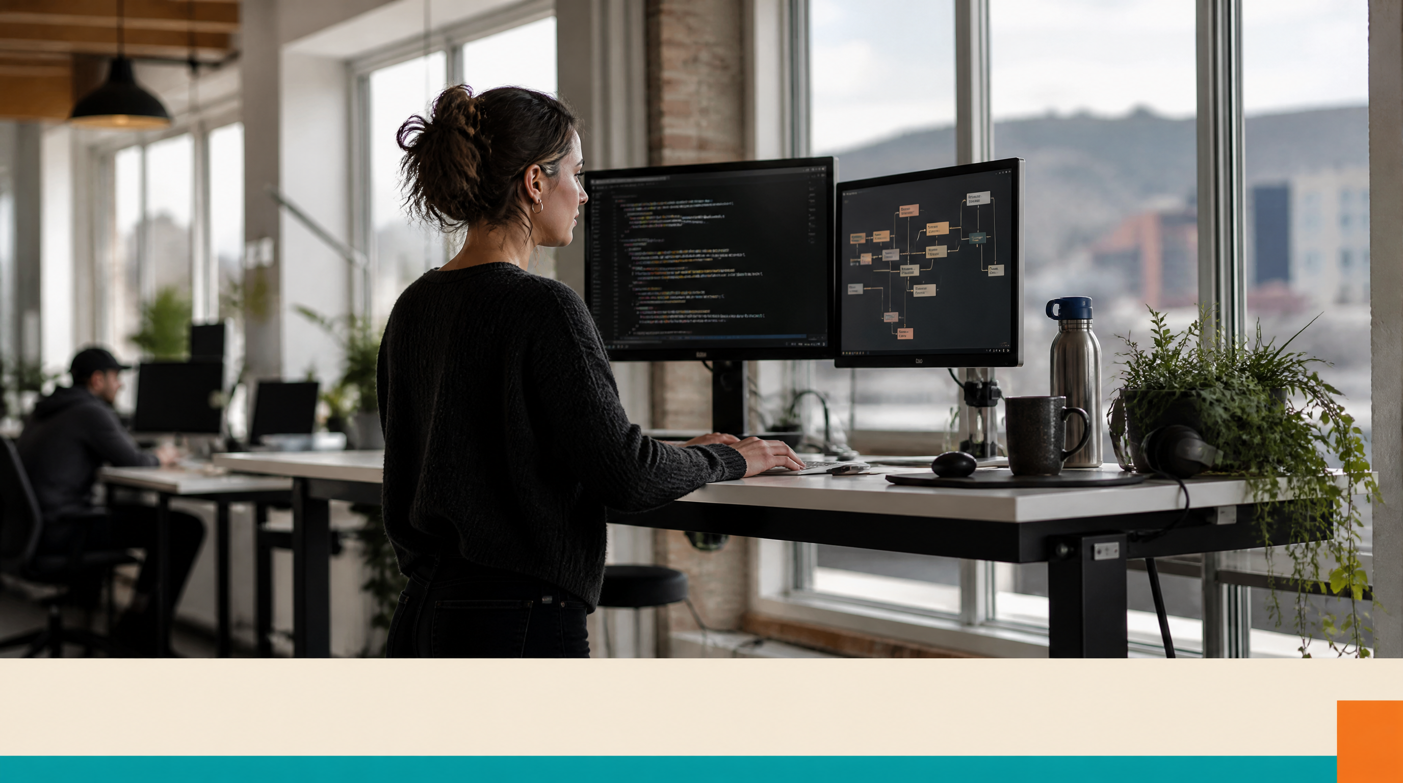 AI Agents Explained: Real Examples for Small Businesses (2026) — Supporting visual 2: A developer in her late 20s works at a standing desk with two monitor