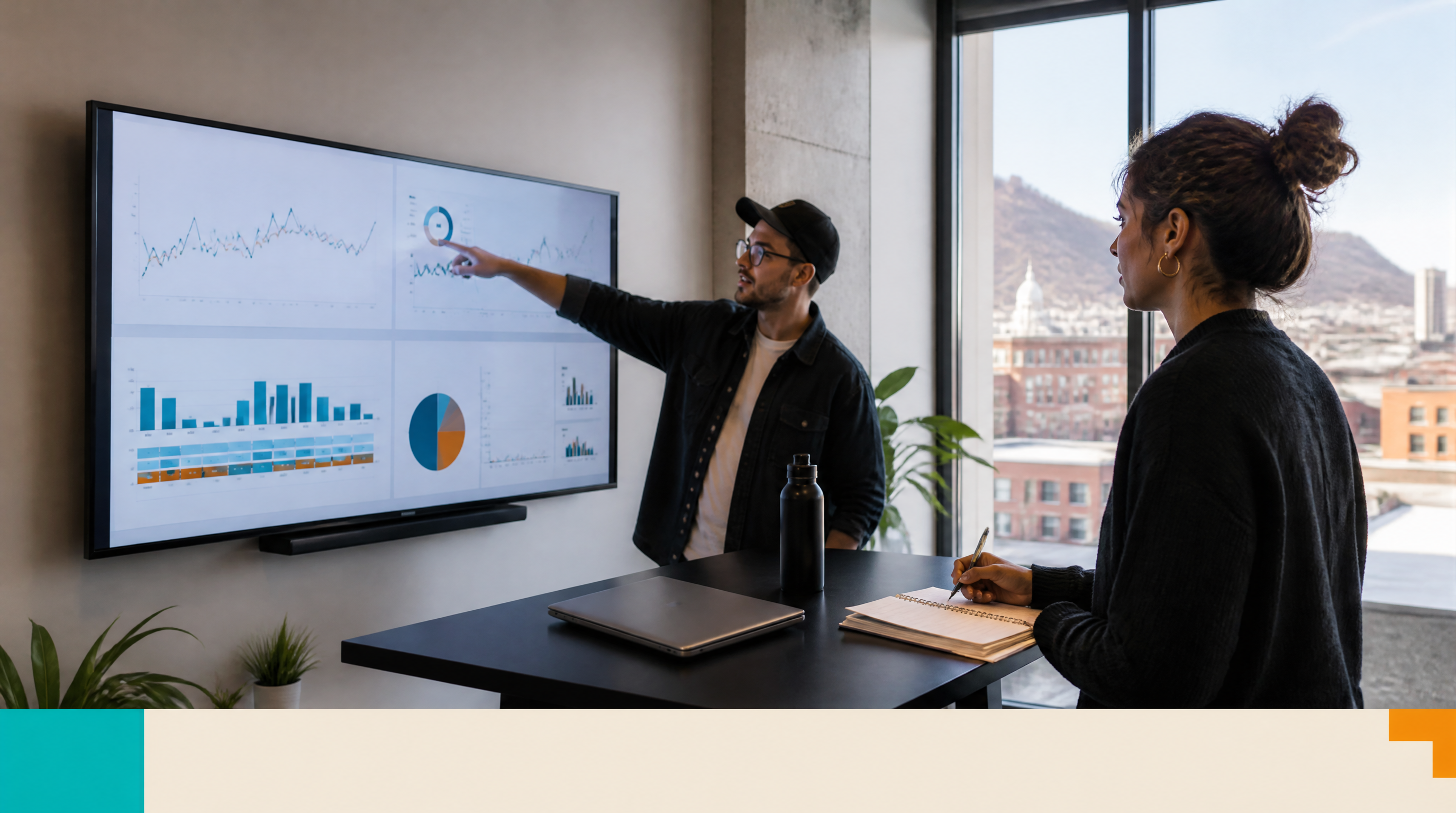 How to Get Your Business Cited by ChatGPT and Google AI Overviews — Closing visual: A Montreal digital agency team member points at a large wall-mounted mo