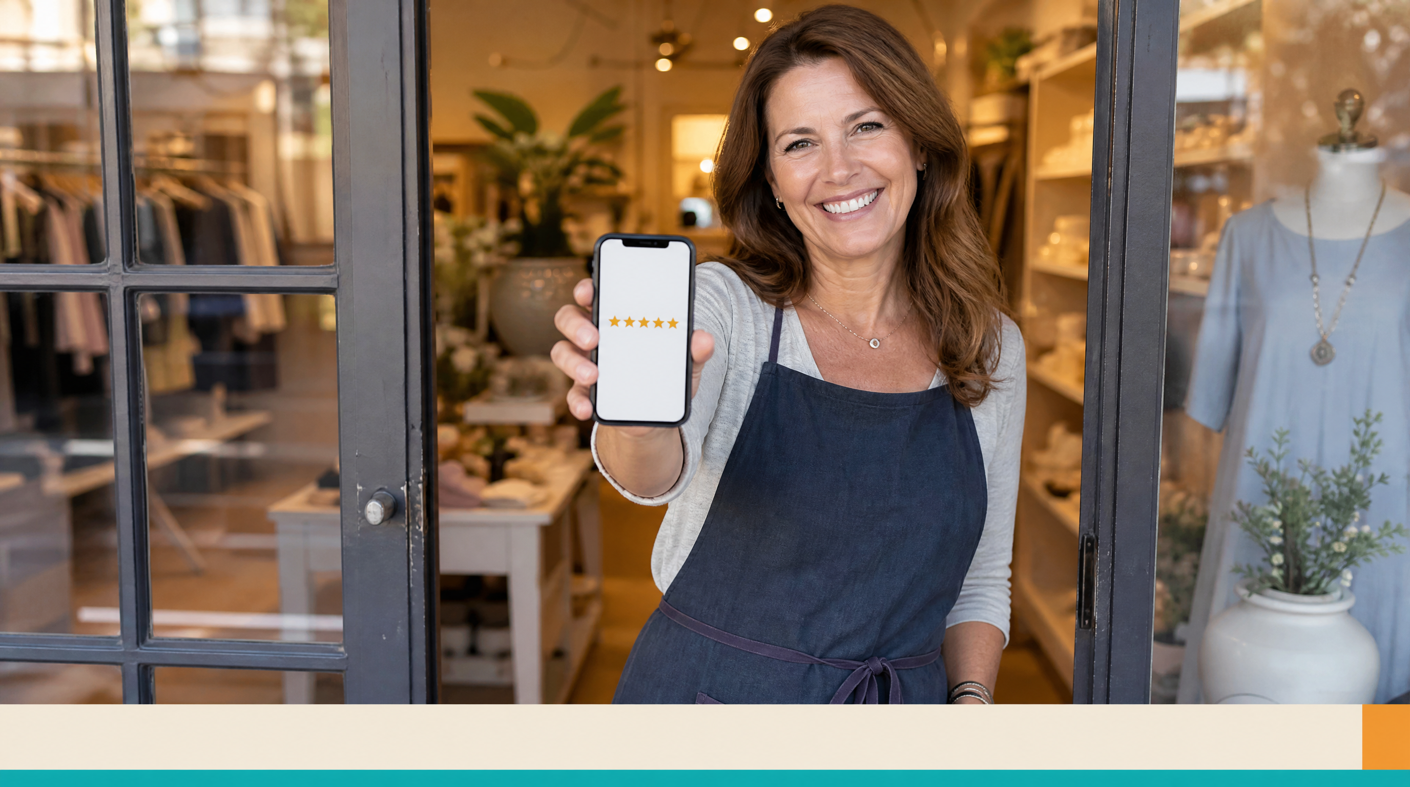 How to Get Your Business Cited by ChatGPT and Google AI Overviews — Supporting visual 2: A smiling woman in her 40s holds a smartphone showing a 5-star rev