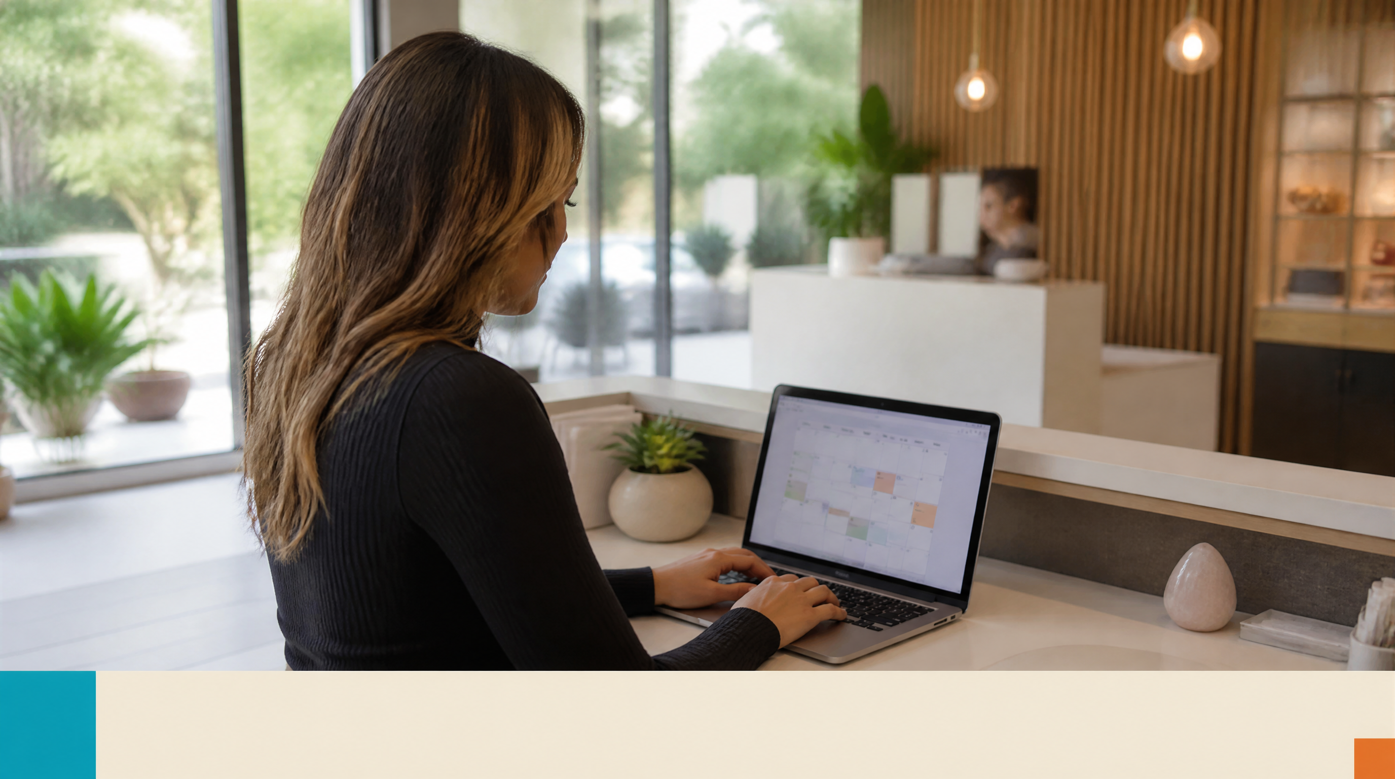 Beyond AI: How Small Businesses Turn AI Automation Into Bookings and Answered Calls — Supporting visual 1: A woman in a wellness clinic front desk setting