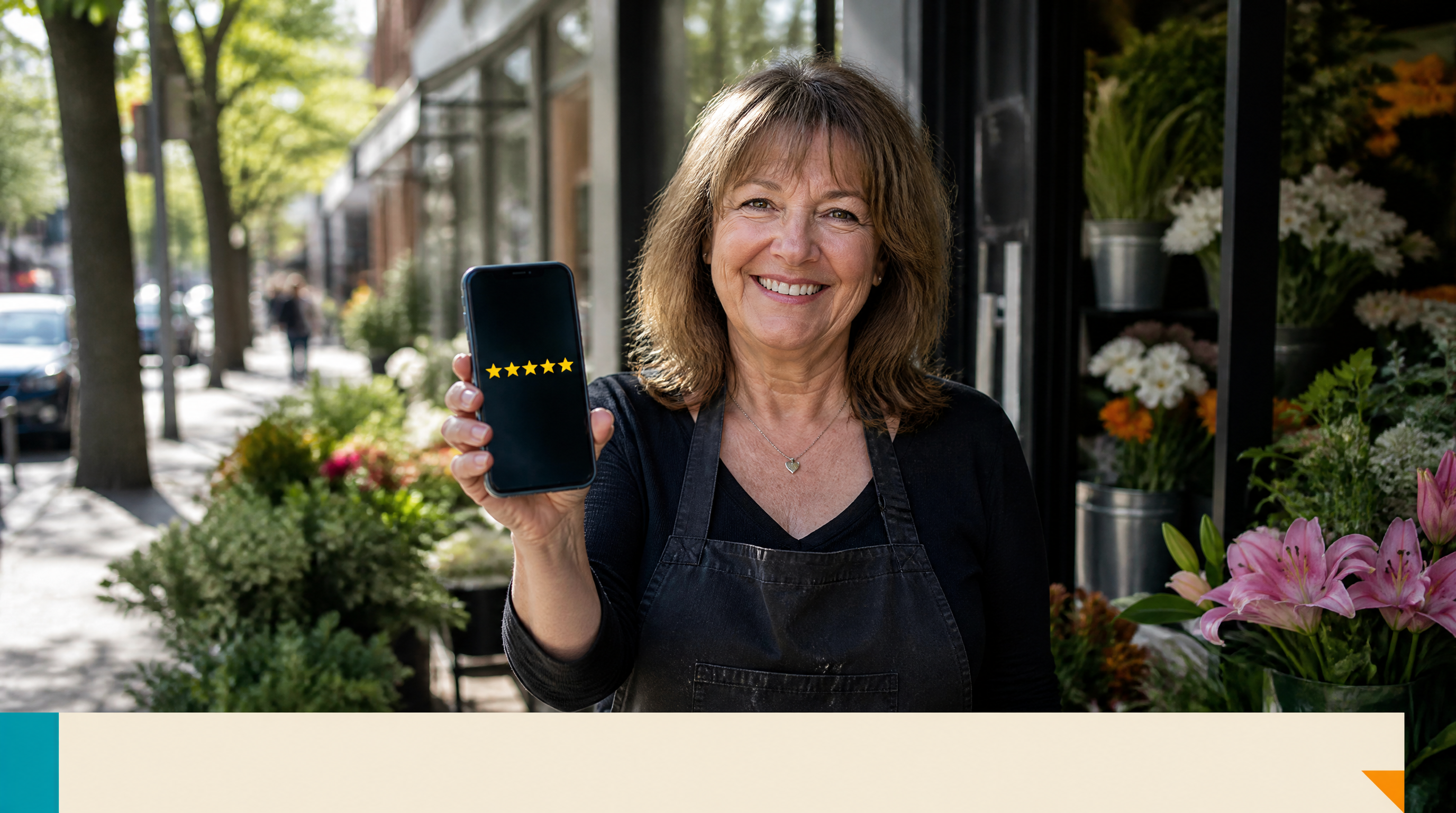 The 5 Golden Rules of a Website Every Small Business Should Follow — Supporting visual 2: A smiling woman in her 50s holds a smartphone showing a five-star