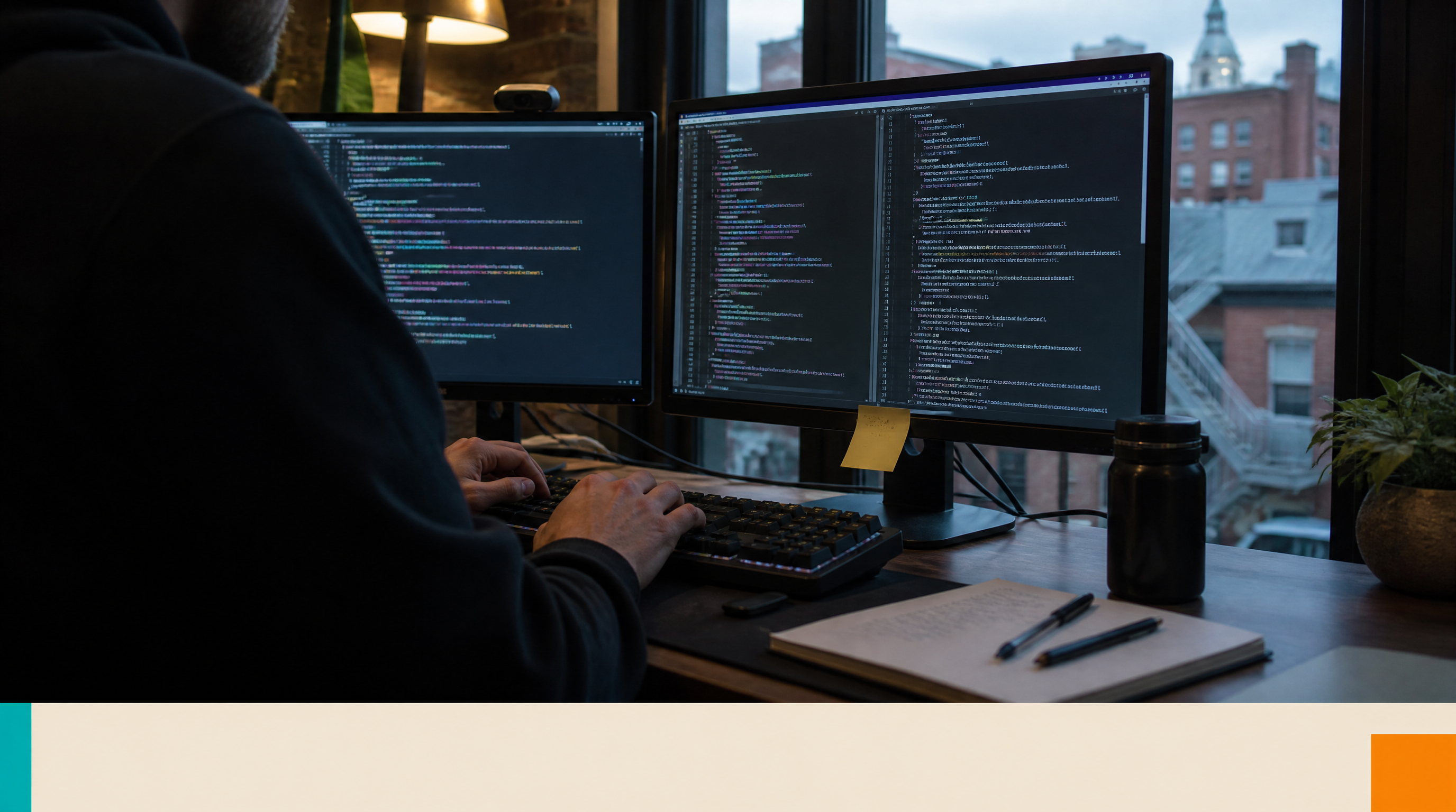 Bilingual Website Design in Montreal: Why EN/FR Doubles Your Reach — Supporting visual 1: A web developer's hands hover over a mechanical keyboard in a dim