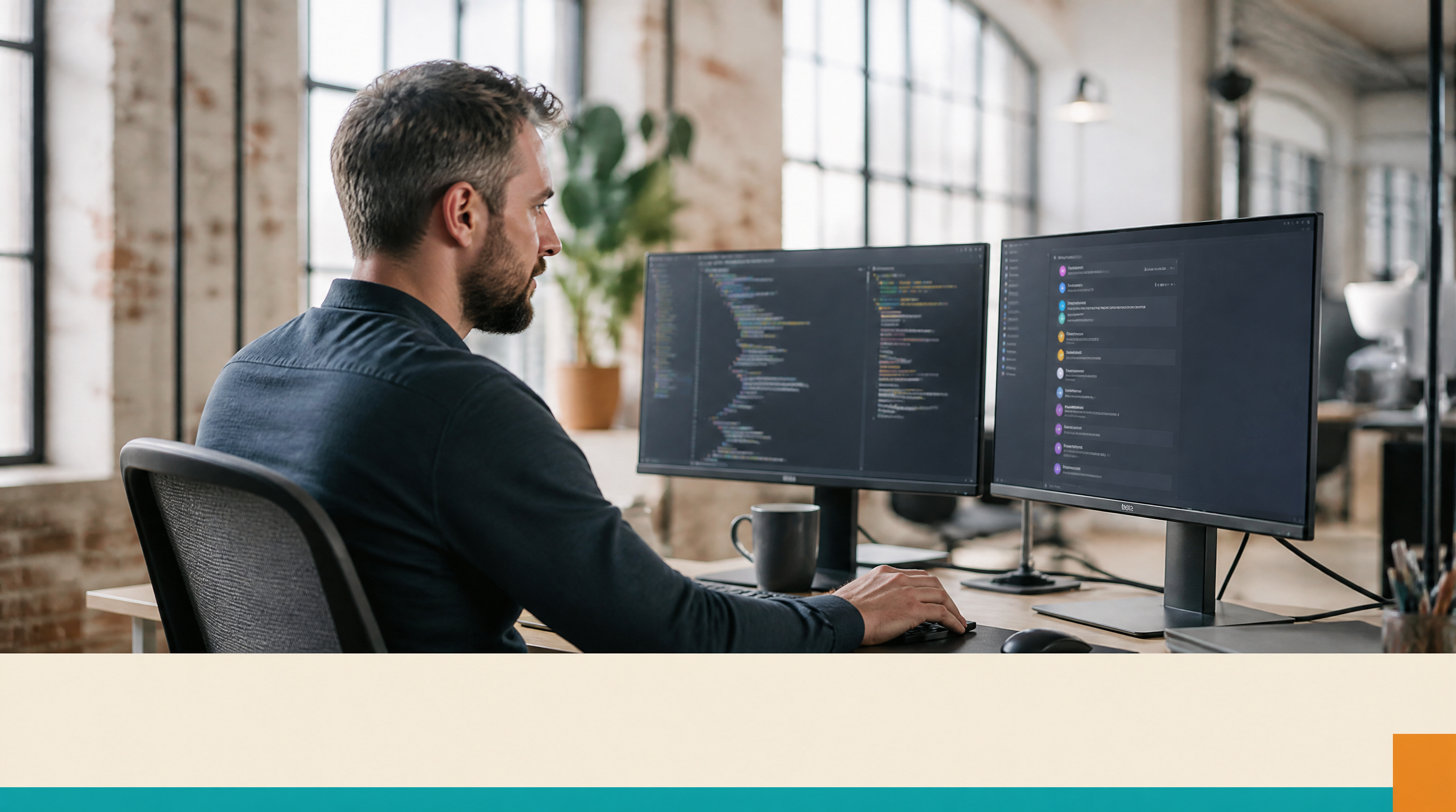 AI Assistants Are Recommending Your Competitors: How Small Businesses Can Get Cited — Supporting visual 1: A web developer in his 30s works at a dual-monit