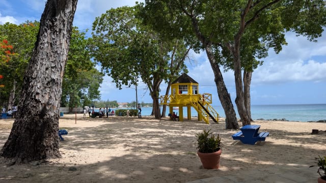 Yellow lifeguard tower beside the shaded beachfront and calm blue water at Folkestone Beach in St. James, Barbados.