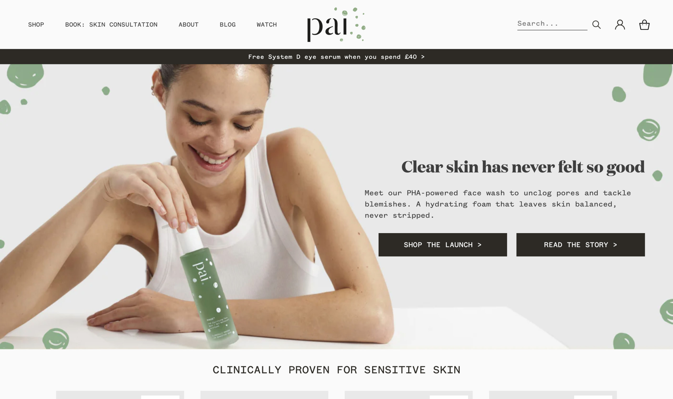 Screenshot of Pai Skincare's homepage with the hero banner showing a smiling woman and  website navigation.