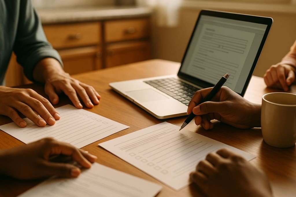 Hands reviewing wheelchair van grant application documents and checklist on kitchen table with laptop