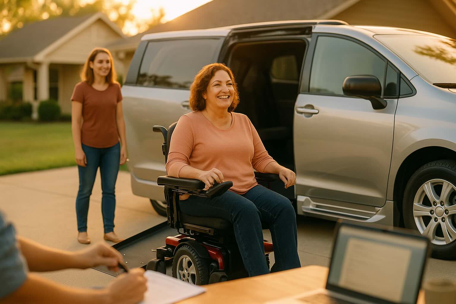 Woman in power wheelchair entering a silver wheelchair accessible van via rear-entry ramp with family member nearby in suburban driveway