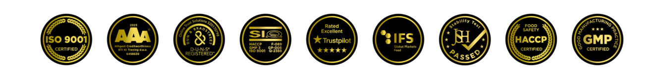 GB Organics Certifications and Trust Badges including GMP, ISO 9001, HACCP, IFS, Trustpilot, Dun & Bradstreet, AAA Creditworthiness, IQNET, SIQ