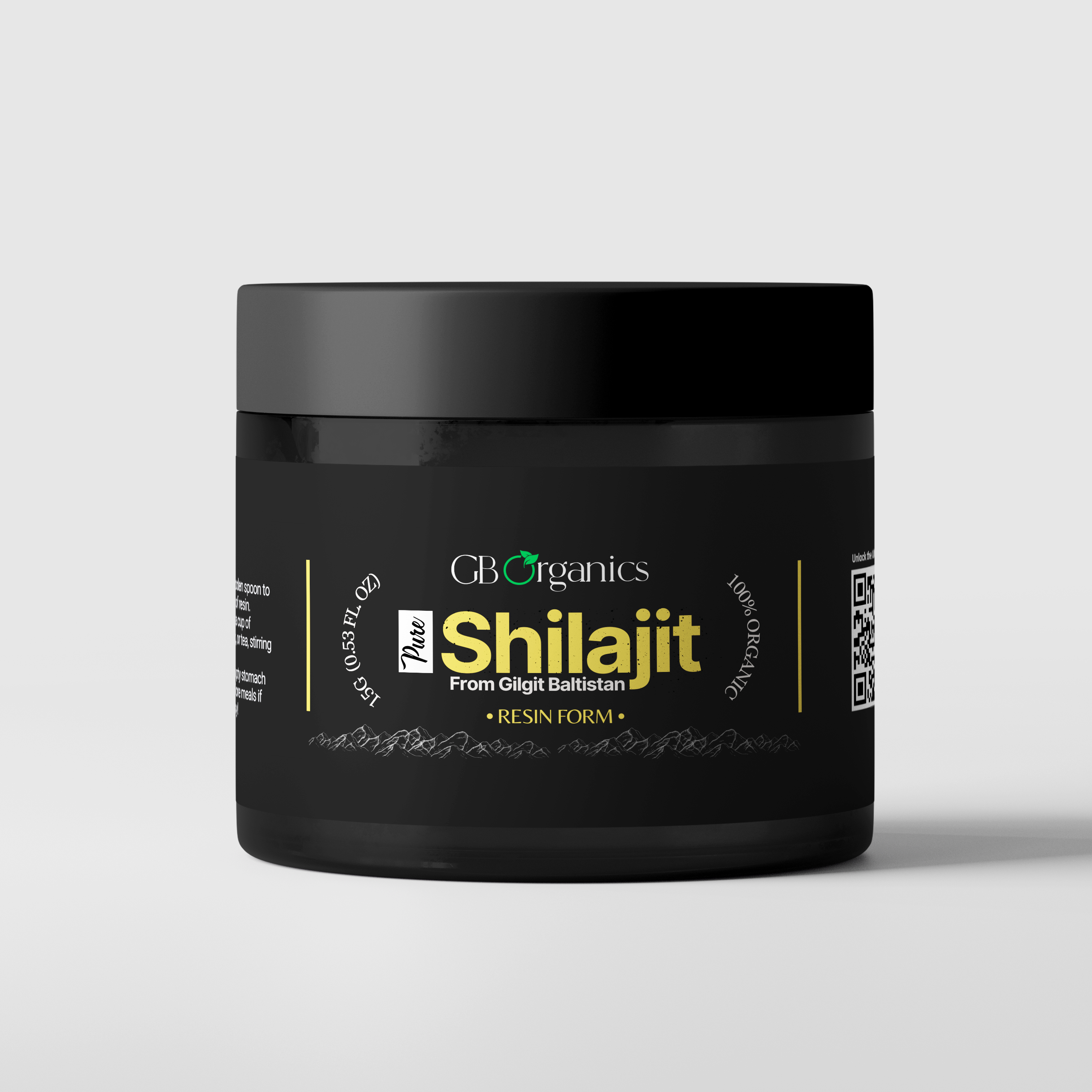GB Organics Pure Himalayan Shilajit Resin product jar with measuring spoon