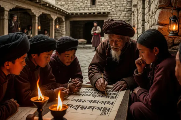 Two people collaborating and learning a new language on a digital tablet.