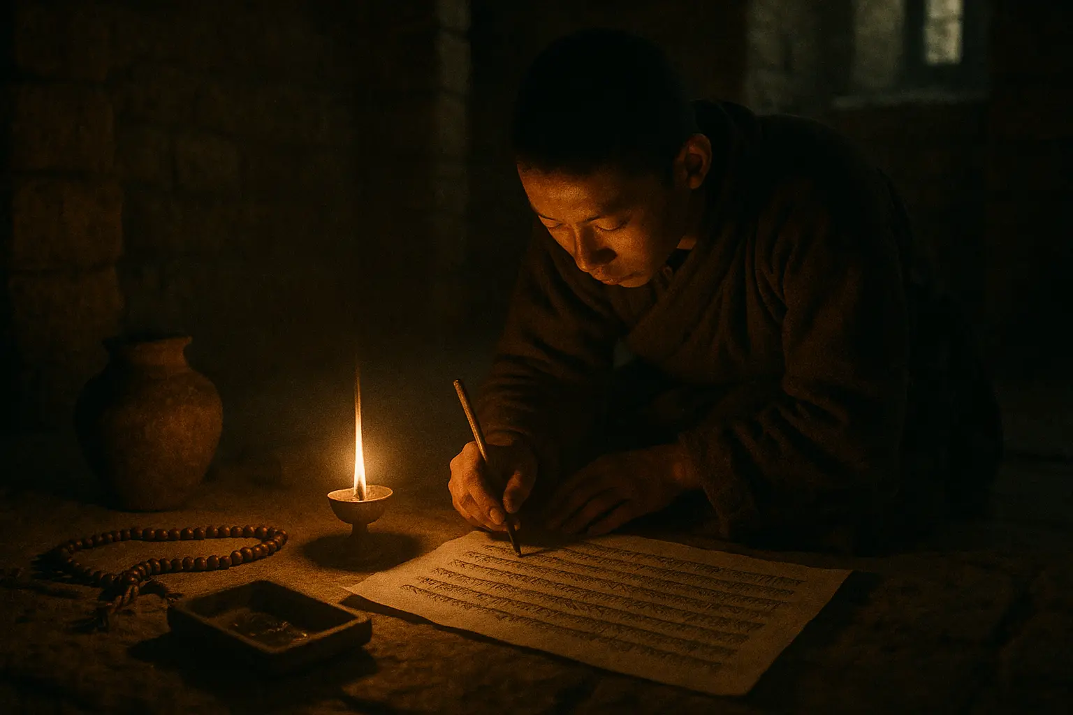 A Buddhist monk in traditional robes at a Balti cultural heritage site, representing the rich history.