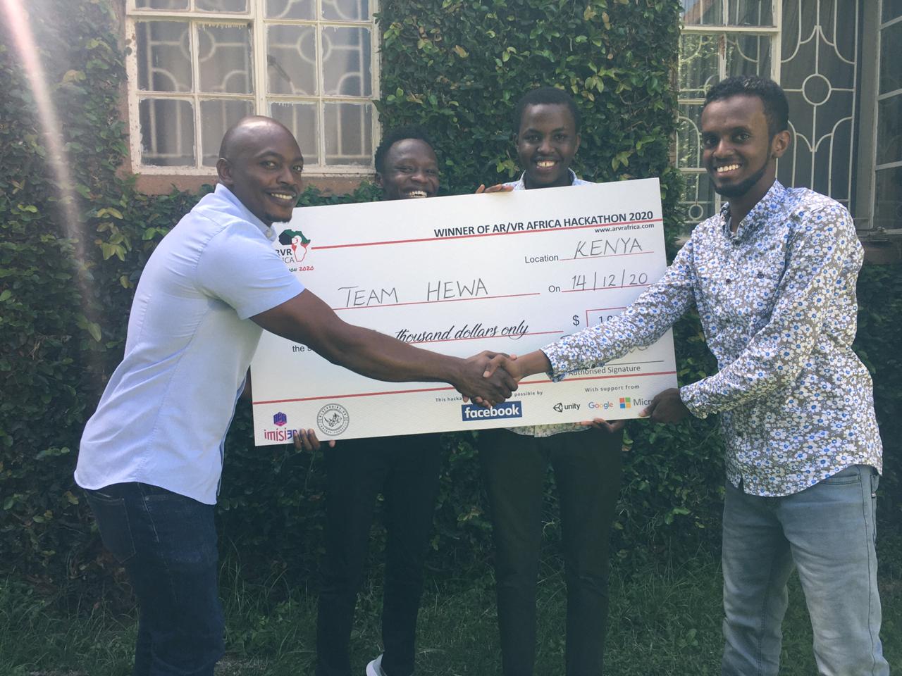 Team Hewa receive their winner’s cheque at the 2020 ARVR Africa Hackathon grand finale in Kenya