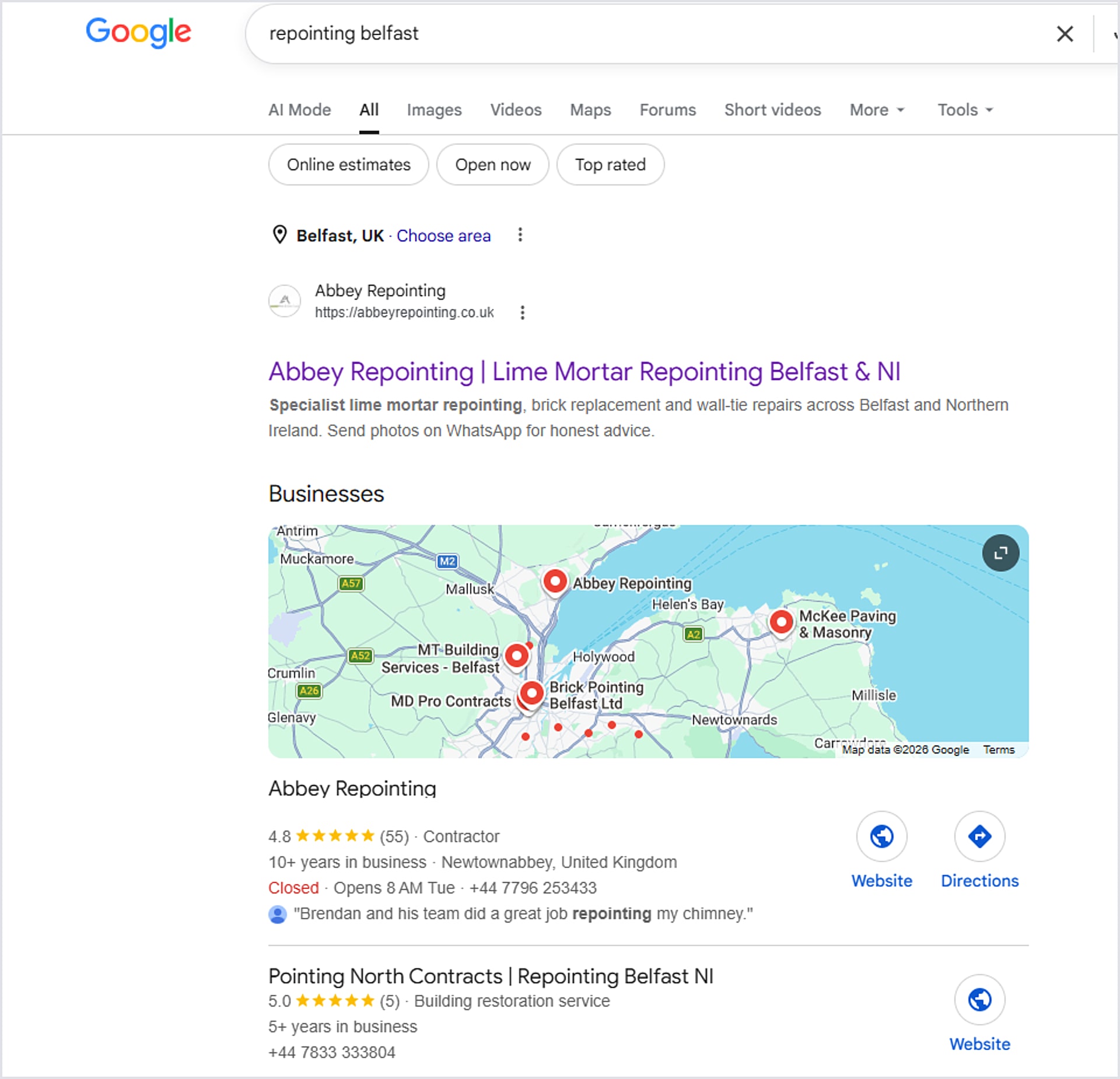 Google search results for "repointing belfast" showing Abbey Repointing as the first organic result and at the top of the local map pack