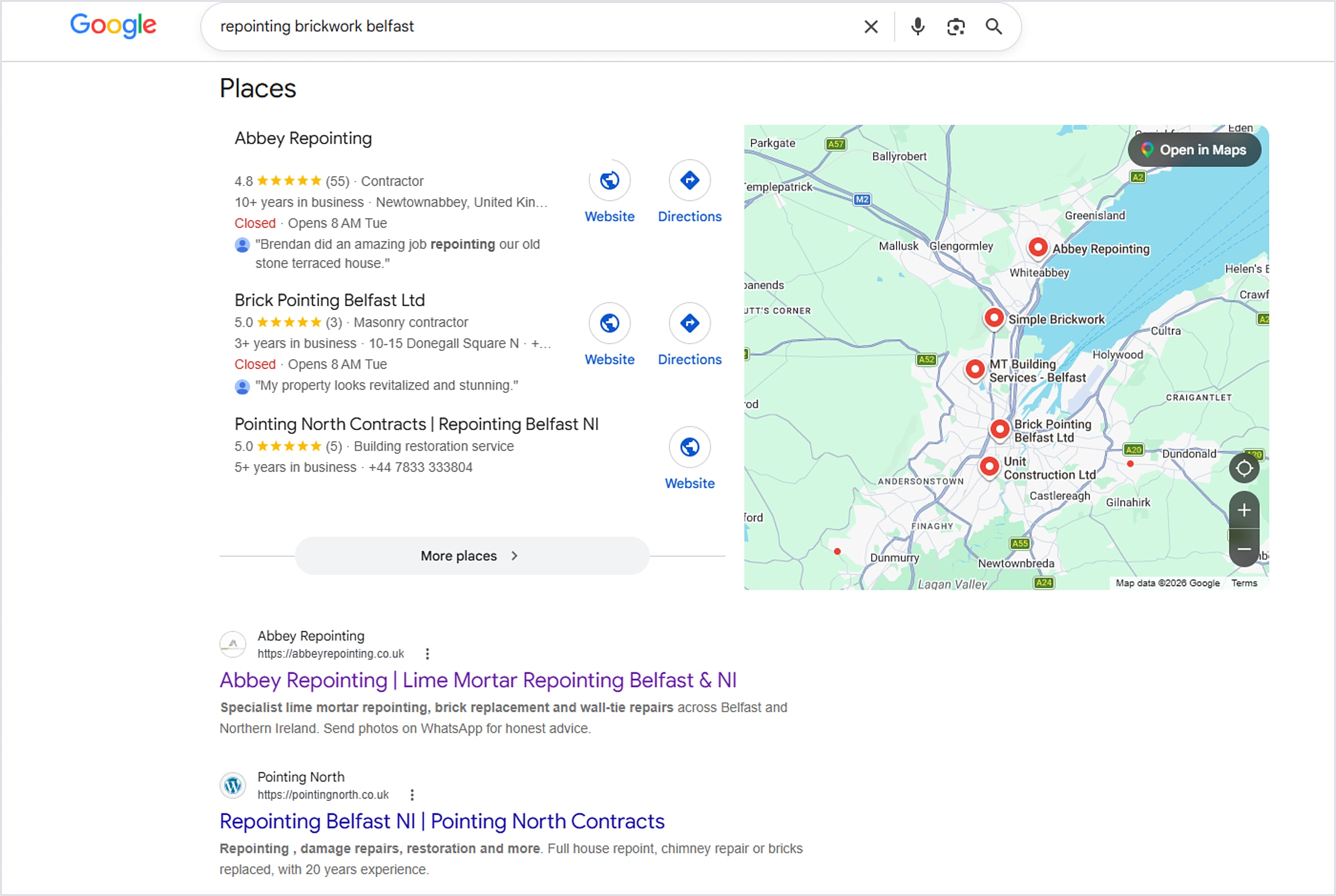 Google search results for "repointing brickwork belfast" showing Abbey Repointing at the top of the local map pack above competing masonry contractors