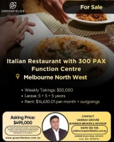 $50K/Week Italian Restaurant with 300 Seater Function Centre for Sale Melbourne West