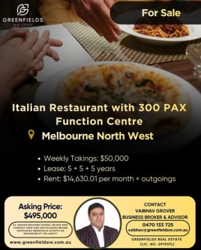 $50K/Week Italian Restaurant with 300 Seater Function Centre for Sale Melbourne West