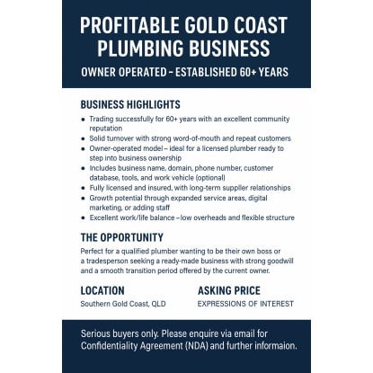Profitable Gold Coast Plumbing Business – Owner Operated – Established 70+ Years