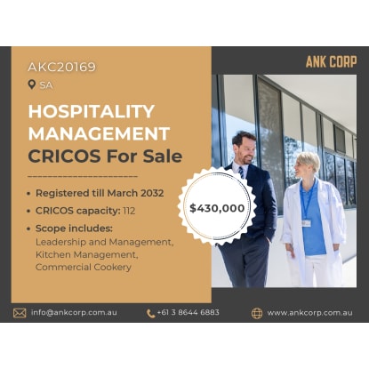 Hospitality Management CRICOS For Sale | SA | $430,000 | AKC20169