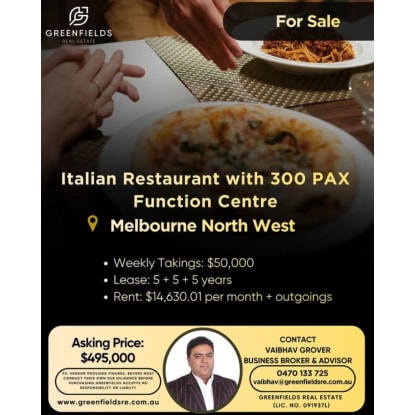 $50K/Week Italian Restaurant with 300 Seater Function Centre for Sale Melbourne West