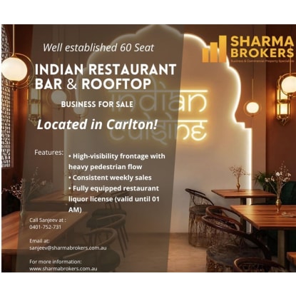 Turnkey 60-Seat Bar & Indian Restaurant Opportunity- Carlton