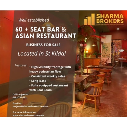 60 Seat Bar & Asian Restaurant Business for Sale- St Kilda!