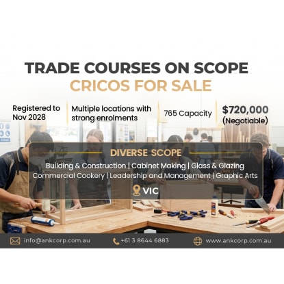 Trade Course CRICOS RTO for Sale | 765 Capacity | Multi-Sector Scope | VIC | $720,000