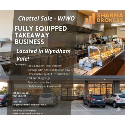 Chattel Sale - Fully Equipped Takeaway Shop -  Wyndham Vale!