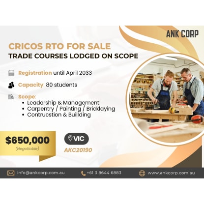 CRICOS RTO with Trade Courses for Sale | VIC | $650,000