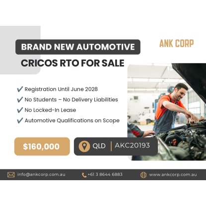 Brand New Automotive CRICOS RTO for Sale | VIC | $160,000
