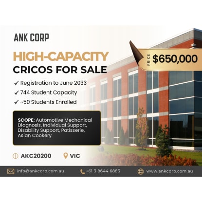 High-Capacity CRICOS RTO for Sale in Victoria | 772 Capacity | $650,000