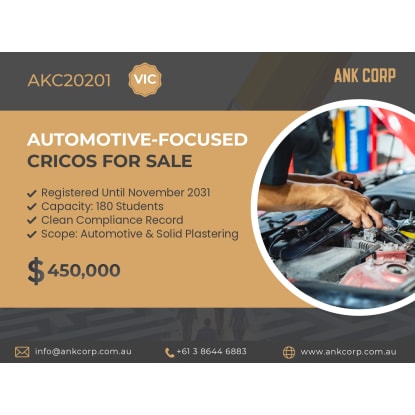 Automotive-Focused CRICOS RTO for Sale | VIC | $450,000 | AKC20201