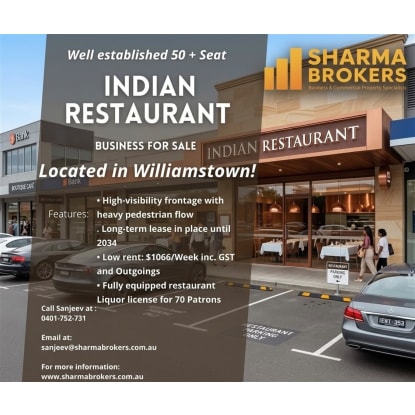 Low Rent 50+ Seat Indian Restaurant - Williamstown!