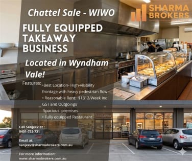 Chattel Sale - Fully Equipped Takeaway Shop -  Wyndham Vale!