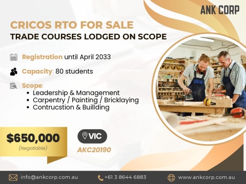 CRICOS RTO with Trade Courses for Sale | VIC | $650,000
