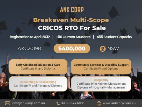 Breakeven Multi-Scope CRICOS RTO for Sale | 455 Capacity | $400,000 | AKC20198