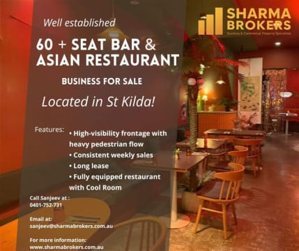 60 Seat Bar & Asian Restaurant Business for Sale- St Kilda!