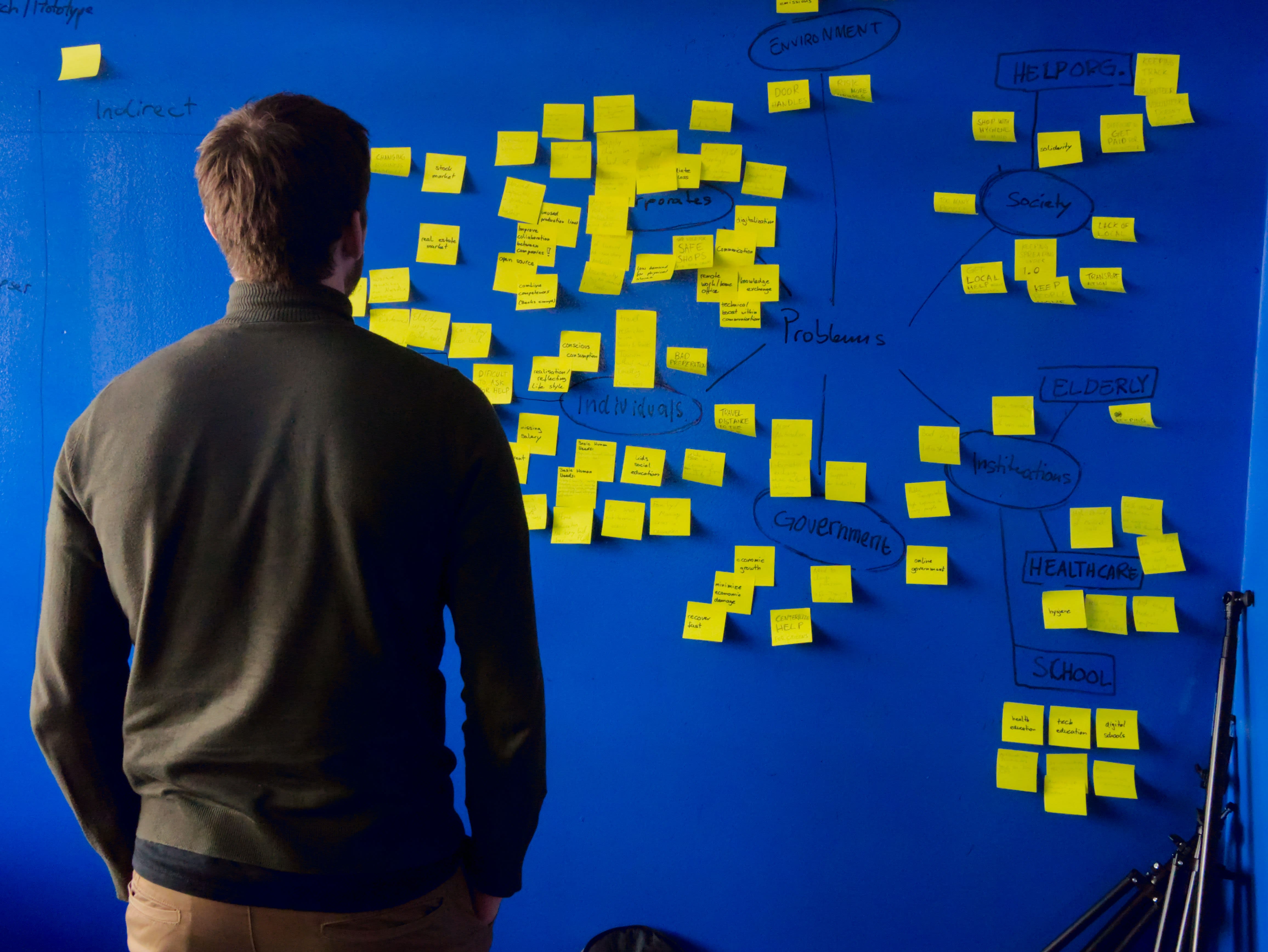 man standing in front of a blue board with yellow note stickers during a brainstorming session