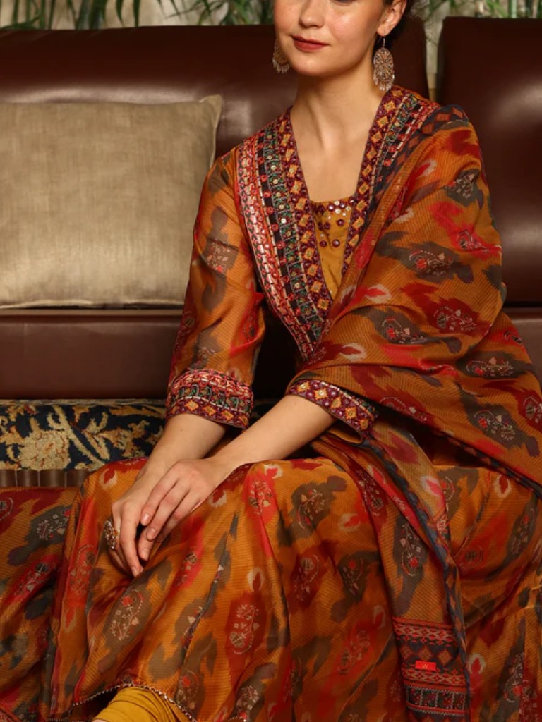 Mustard Yellow Ikkat Printed Embellished Organza Anarkali Kurta, Churidar And Dupatta Set