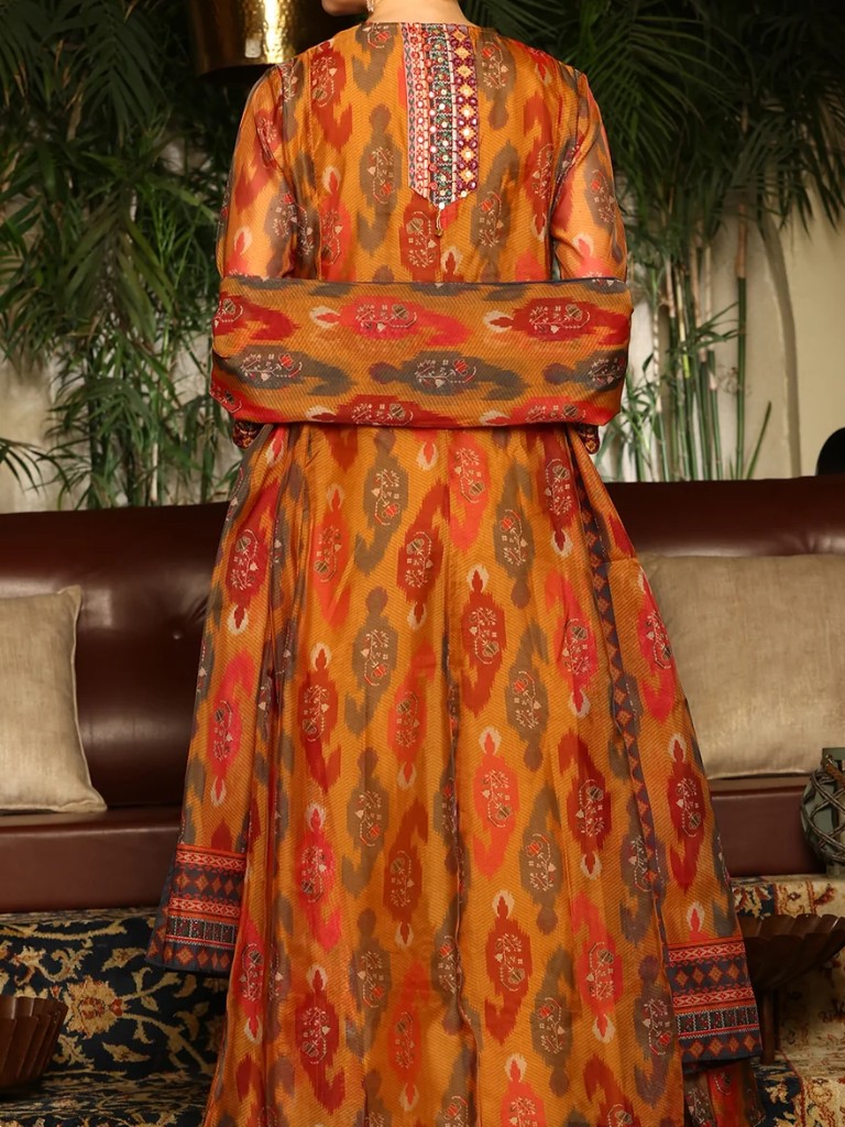 Mustard Yellow Ikkat Printed Embellished Organza Anarkali Kurta, Churidar And Dupatta Set