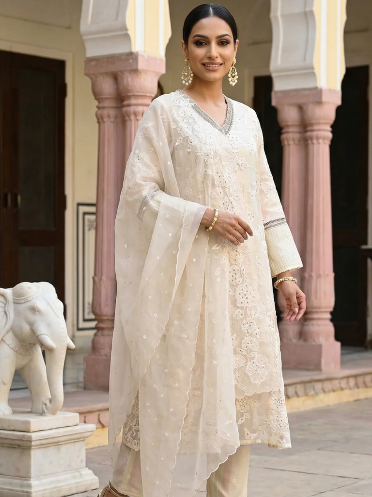 Powder Yellow Sequins Embroidered Straight Georgette Kurta with Straight Pants and Dupatta Set