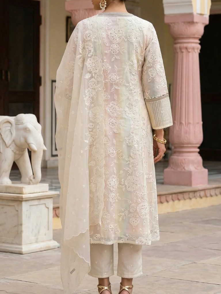 Powder Yellow Sequins Embroidered Straight Georgette Kurta with Straight Pants and Dupatta Set