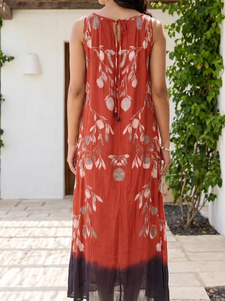 Red Floral Printed Pure Cotton Sleeveless Flared Dress