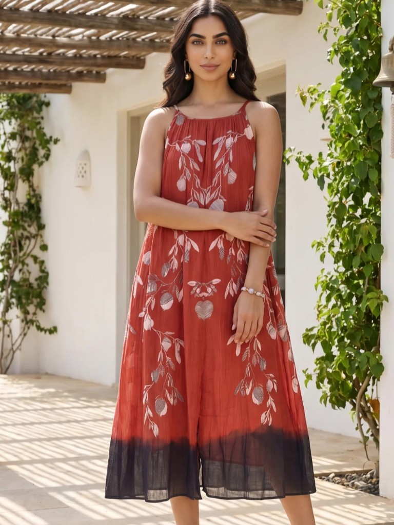 Red Floral Printed Pure Cotton Sleeveless Flared Dress