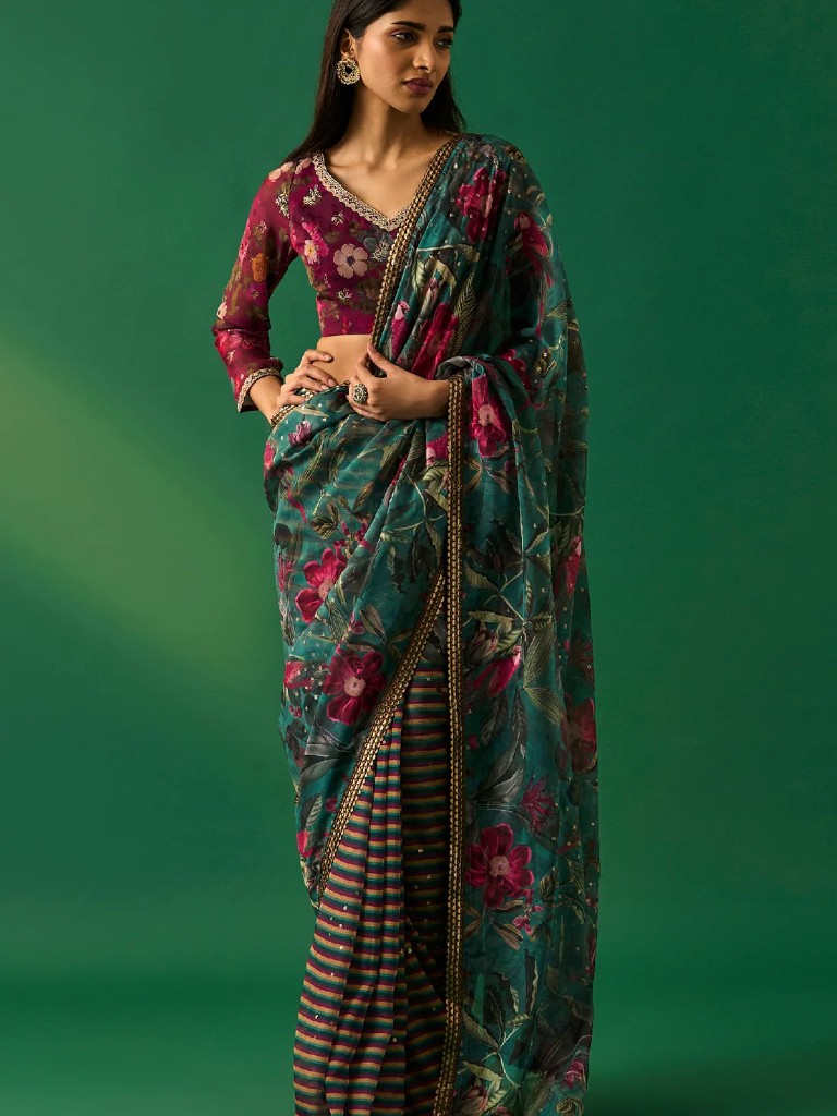 Green Floral Printed Embroidered Sequined Organza Saree with Unstitched Blouse