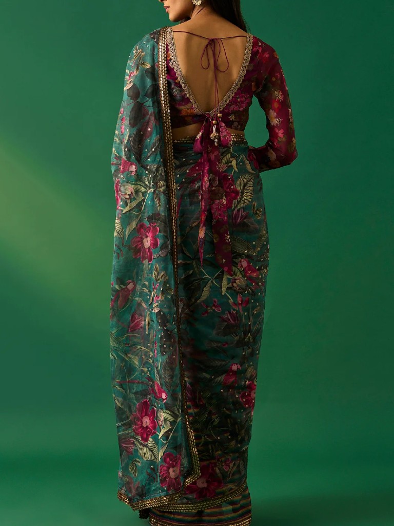 Green Floral Printed Embroidered Sequined Organza Saree with Unstitched Blouse